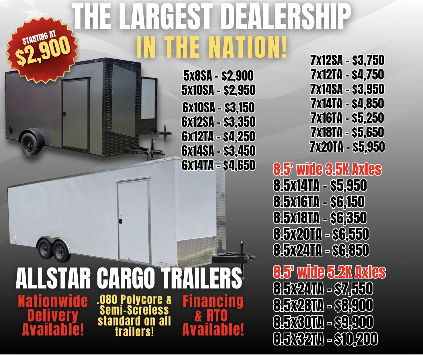Allstar Cargo Trailers current trailer pricing and specials